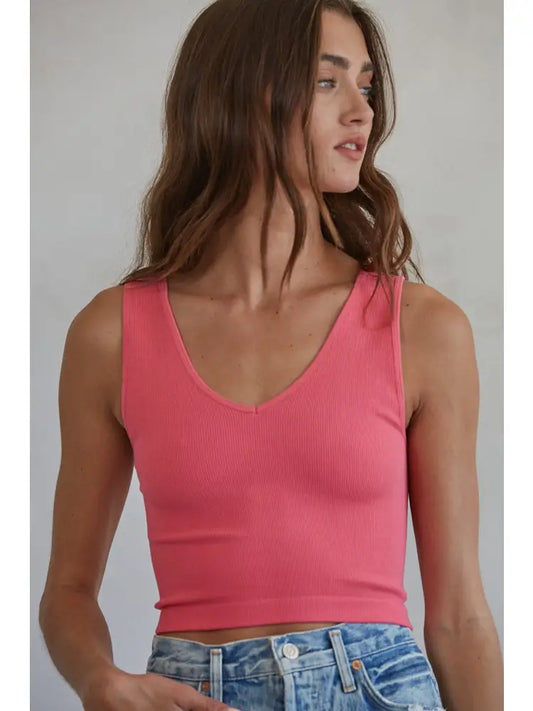 bubblegum pink v neck brami top with wide straps ribbed cropped tank top