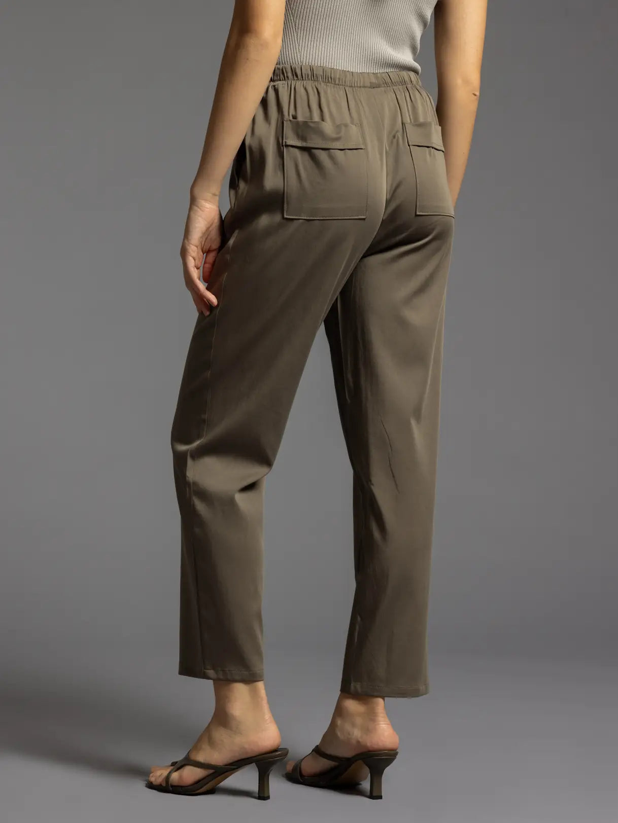Olive green pant with back pockets  and elastic tie waist.