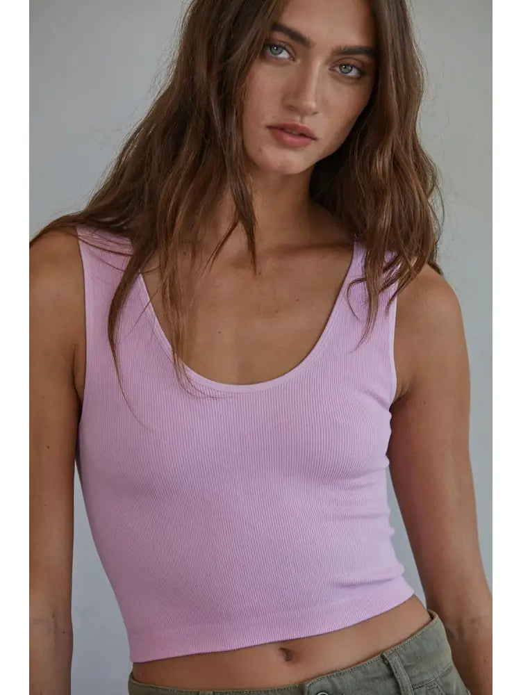 lavender v neck brami top with wide straps ribbed cropped tank top