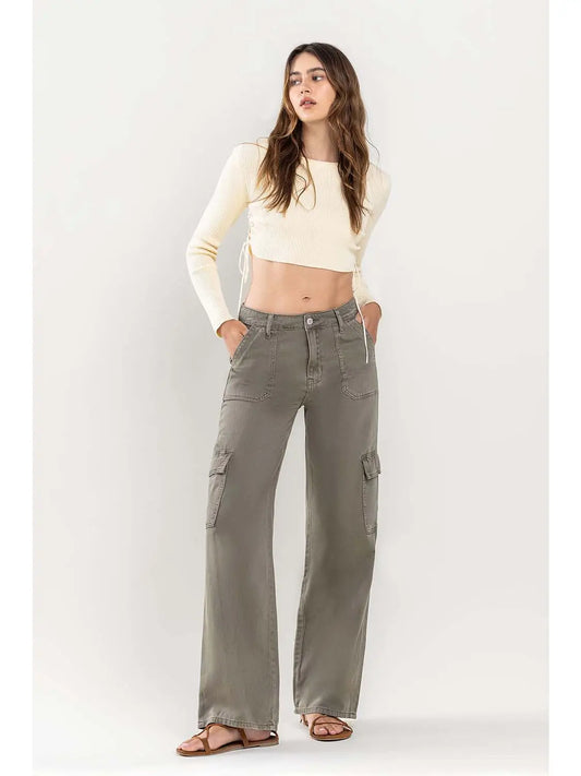 High waisted olive green wide leg utility cargo jeans