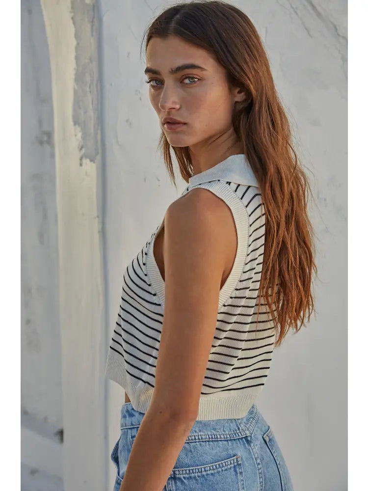 Collared horizontal striped button up crop top.