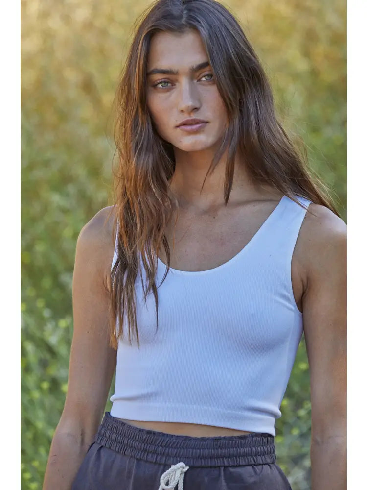 white v neck brami top with wide straps ribbed cropped tank top