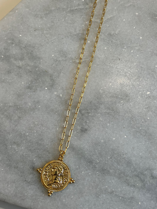Gold paperclip chain necklace with greek medallion coin