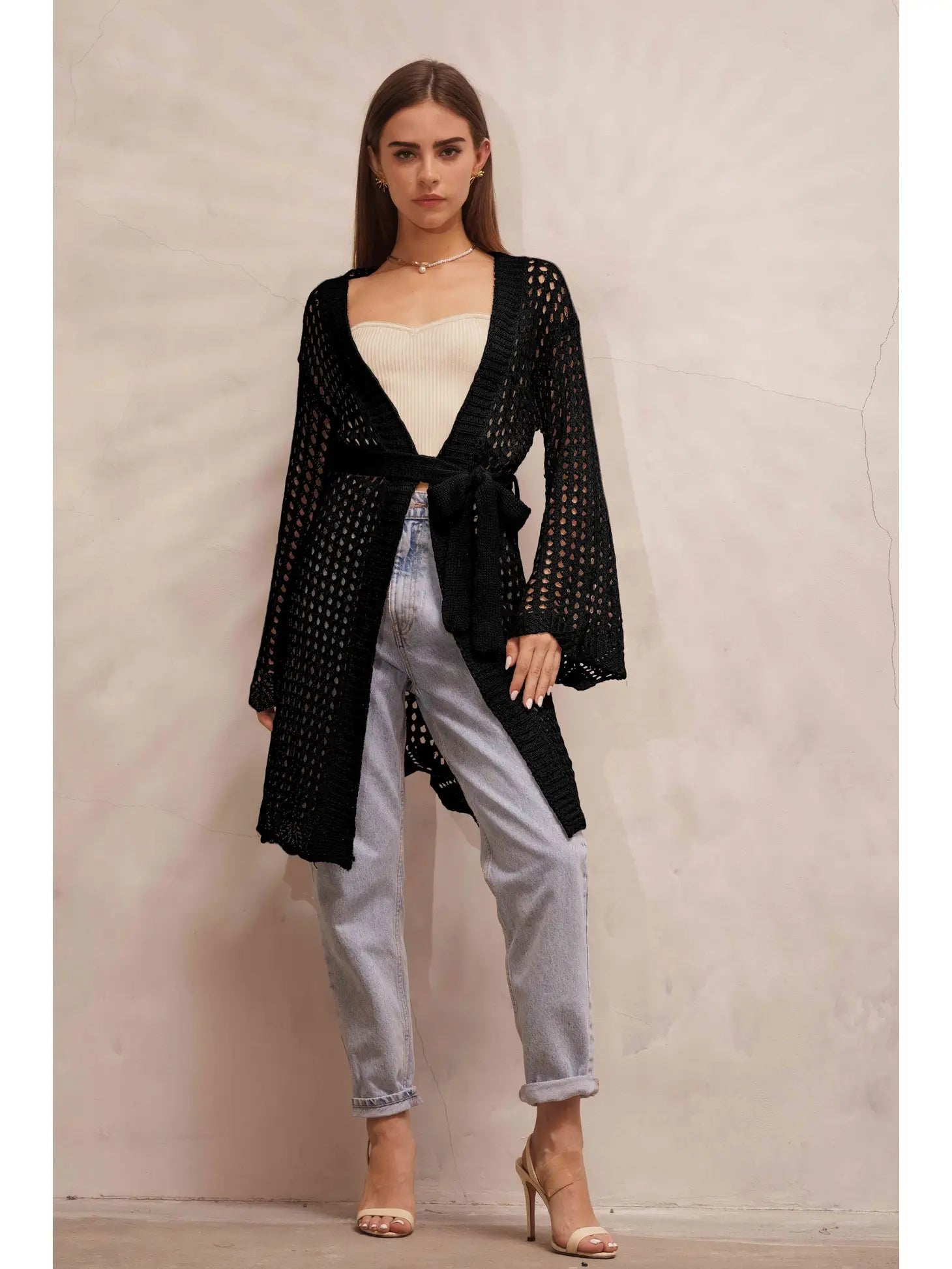 black knitted midi cardigan with tie belt