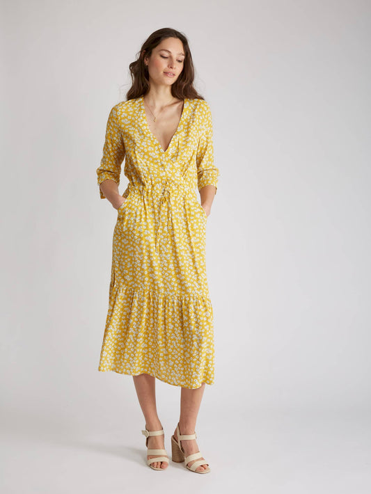v-neck yellow floral print midi dress with cinched waist tie